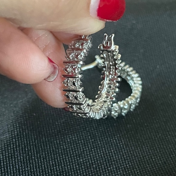 CZ Silver Hoop Earrings - Picture 4 of 7